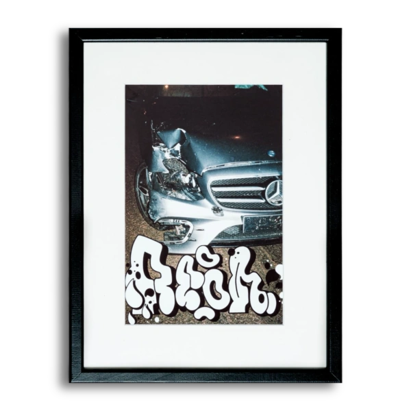 Crashed Mercedes street art painting by REON